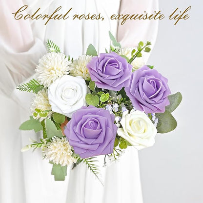 BLEUM CADE 16Pcs Artificial Flowers Fake Roses with Stems, Purple Boxed Foam Roses for DIY Bouquets Centerpieces Wedding Party Arrangement Bridal Shower Decor