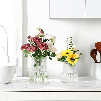 Ribbed Glass Vases for Bouquet, Set of 2 Fluted Vases for Flowers, Clear Vase for Tulips, Modern Glass Vase for Living Room, Office, Coffe Table, Dining Table, Shelf, Wedding