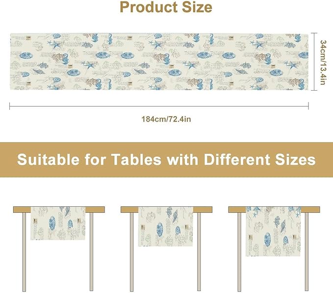 Starfish Table Runner,Vintage Nautical Seashell Tropical Beach Theme Coastal Ocean Sea Burlap for Hotel Indoors Outdoor Dining Room Kitchen Tablecloth, 13x108in