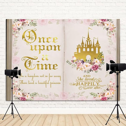 8x4ft Once Upon a Time Backdrop Pink Flower Gold Castle Photography Background Fairy Tale Books Floral Princess Girls Birthday Banner Decorations Fairytale Wedding Portrait Photo Booth Prop