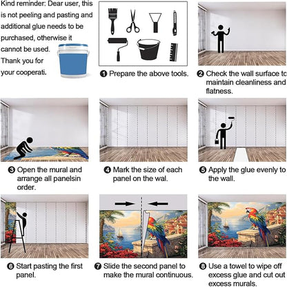 Macaw Parrot Wall Mural, Coastal Mediterranean Parrot 3D Wall Murals, Sunset Seaside Village Scene Wallpaper Mural, for Living Room Bedroom Large Wallpaper Indoor Decor 169.3" W x118.2 H
