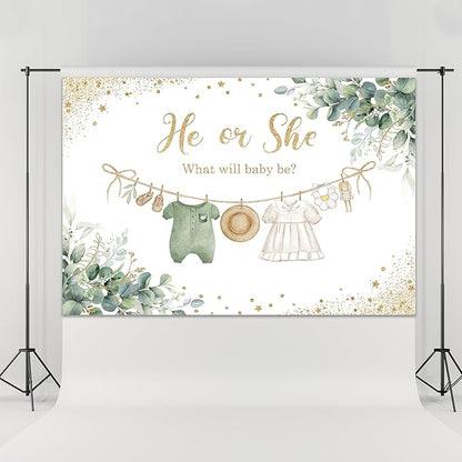 Riyidecor Sage Green Gender Reveal Backdrop Polyester Fabric He or She What Will Baby Be 5Wx3H Feet Boho Eucalyptus Watercolor Leaves Gold Dots Photography Background Baby Shower Photo Studio Shoot