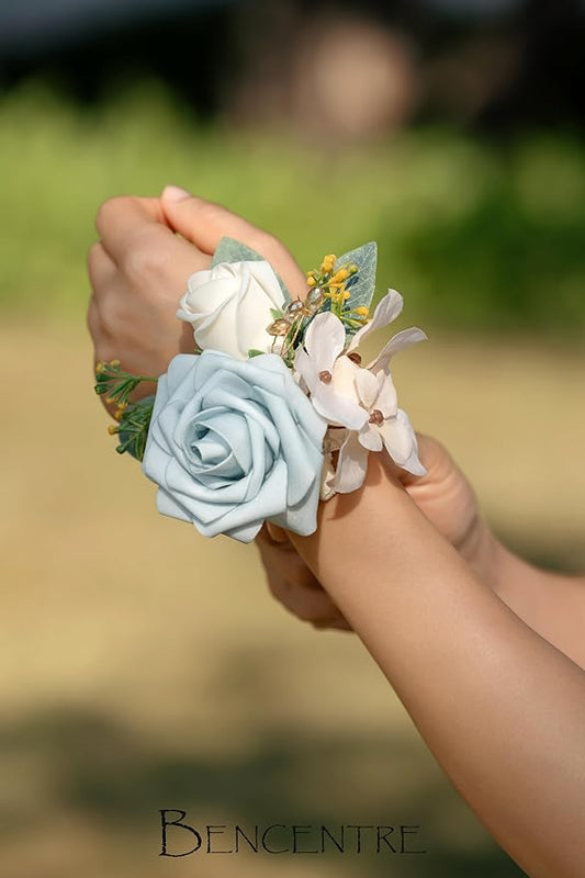 Dusty Blue Corsage for Wedding(Set of 6),Wrist Corsage,Corsage for Prom,Party Prom Hand Flower Decor,Mother of The Bride Corsage,