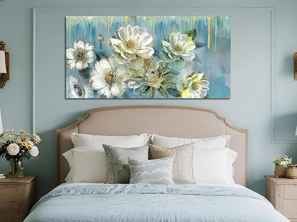 Ardemy Floral Canvas Wall Art for Living Room Large Magnolia White Flowers Teal Picture Bedroom Wall Decor Textured Painting Modern Turquoise Artwork Dining Room Home Office, Large 48"x24"