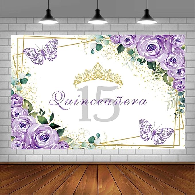 SENDY 10x7ft Quinceañera Backdrop Mis Quince 15 Anos Birthday Party Decoration Supplies for Girl Princess Purple Floral Butterfly Gold Crown Photography Background Banner Photo Booth Studio Prop Vinyl