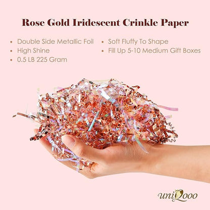 UNIQOOO 1/2 LB Metallic Iridescent Rose Gold Crinkle Cut Paper Shredded Filler, Rosy Pink Gold Grass Raffia Tissue, Strands Shred Craft Bedding Cushion Paper, for Christmas Wedding Mothers Day Bridesmaid Engagement Gift Boxes Bags Retail Decoration
