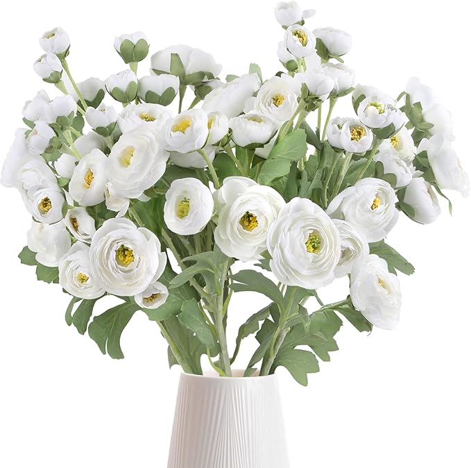 Ranunculus Artificial Flowers 5PCS Faux Peonies White Silk Ranunculus Flowers with Stems 21.65" Real Look Fake Flowers Bulk for DIY Wedding Bridal Shower Table Centerpieces Home Decor(White)