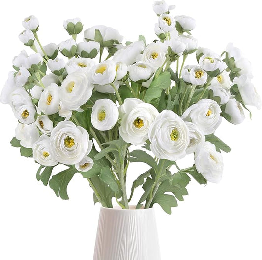 Ranunculus Artificial Flowers 5PCS Faux Peonies White Silk Ranunculus Flowers with Stems 21.65" Real Look Fake Flowers Bulk for DIY Wedding Bridal Shower Table Centerpieces Home Decor(White)