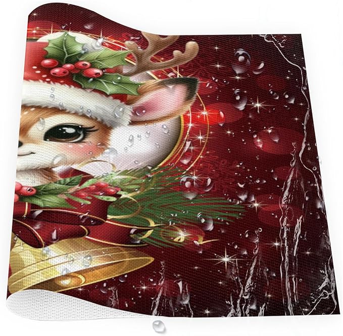 Christmas Xmas Bells Deer Placemats Set of 4 PVC Vinyl Non Slip Table Mats Heat Resistant Place Mats Washable Wipeable Dining Table Mat for Kitchen Decor Party Indoor Outdoor Decorative Gift
