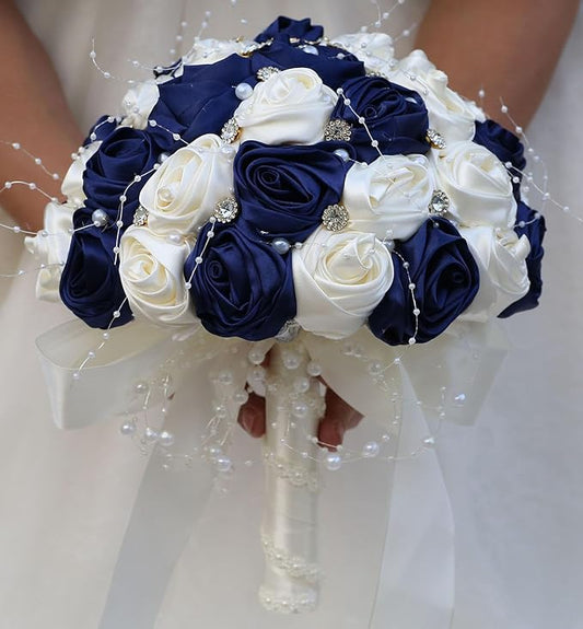 Bridal Wedding Bouquet Round Bling Brooch Bouquet Throw Toss Artificial Rose Flower Bunch for Bride Bridesmaid Wedding Quinceanera(Navy Blue & Ivory, 7.5")