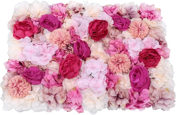 6 Pcs Flower Wall Panels, 23.6"x15.7" Artificial Flower Wall Backdrop Fuchsia Floral Panel with 3D Rose, Dahlia, Peony, Chrysanthemum for Wedding Party Nursery Home Decor