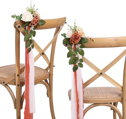 Wedding Aisle Decorations for Wedding Ceremony Set of 10 Pew Flowers for Church Chair Decorations Party Decor with Artificial Flowers Eucalyptus and Ribbons Terracotta