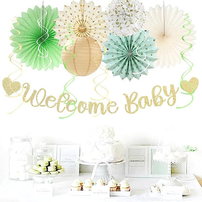 Sage-Green Champagne-Beige Baby Shower Party-Decorations - 21pcs Girls Boy Welcome Baby Banner,Paper Lanterns Pom Poms,Safari Woodland Boho Neutral Streamers Garland Decor Favors Huglony