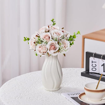 Pink Champagne Roses 10 in, Fake Flowers Wedding Bouquets for Bride, Wedding Silk Artificial Flowers 10pcs for Wedding Party, Ceremony, Anniversary & Home Decor (Come with 3 Styles of 4.5 ft Ribbons)