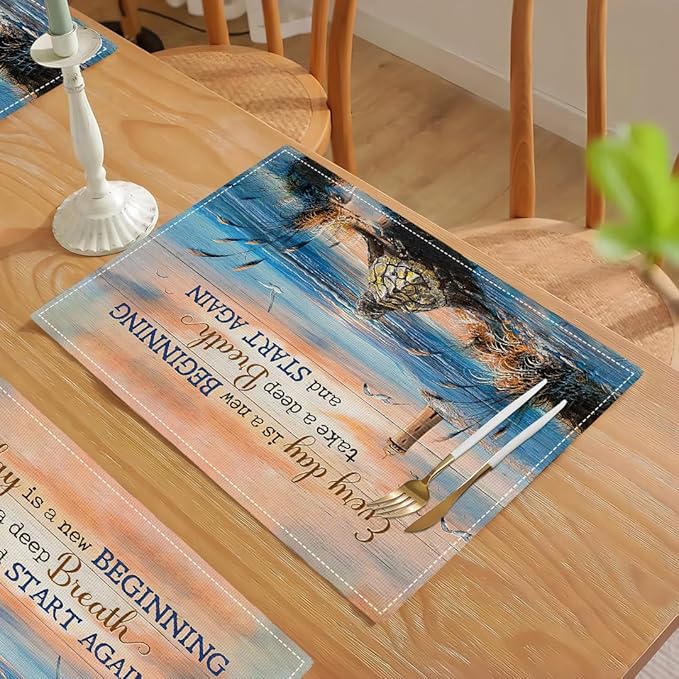 Sea Turtle Beach Summer Placemats Set of 6 Coastal Lighthouse Nautical Inspirational Quotes Double-Sided Table Mats for Dining Room Home Party Indoor 6 PCS 12x18 Inch