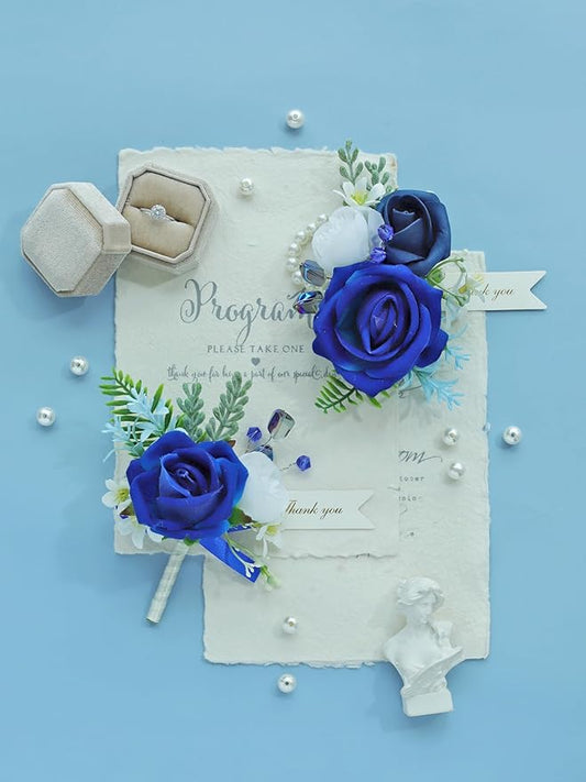 Royal Blue Corsage and Boutonniere Set, Prom Wedding Homecoming Wrist Corsage Wristlet and Boutonniere Set for Grooms Groomsmen Guest Bridal Bridesmaid Artificial Flower Suit Decoration