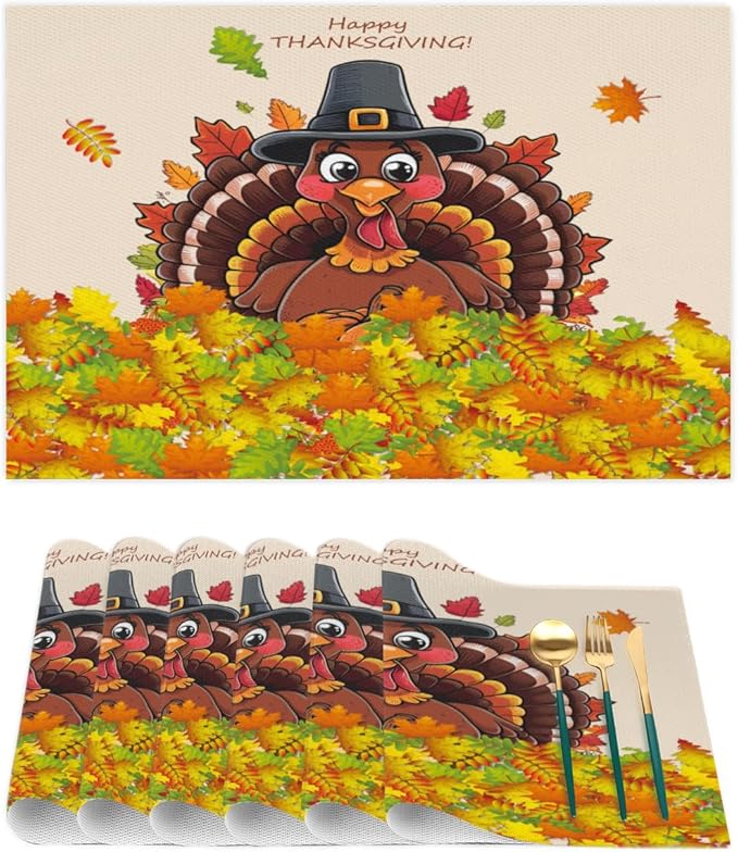 Thanksgiving Leaf Turkey Placemats Set of 6 PVC Vinyl Non Slip Table Mats Heat Resistant Place Mats Washable Wipeable Dining Table Mat for Kitchen Decor Party Indoor Outdoor Decorative Gift