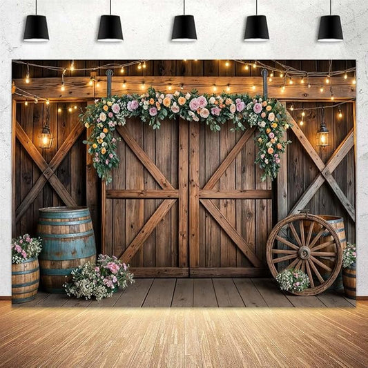 6x6ft Country Wedding Photography Backdrop Rustic Barn Door Photography Backdrop Farmhouse Pink Flower Cabin Wooden Birthday Baby Shower Wedding Bridal Party Banner Photo Booth Props Background