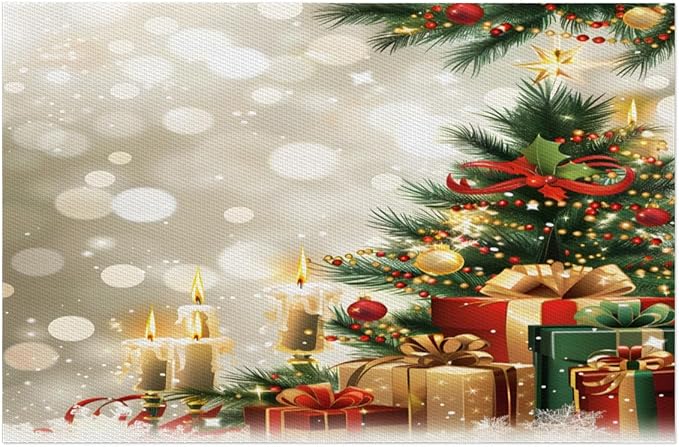 Xmas Christmas Tree Green Placemats Set of 1 PVC Vinyl Non Slip Table Mats Heat Resistant Place Mats Washable Wipeable Dining Table Mat for Kitchen Decor Party Indoor Outdoor Decorative Gift