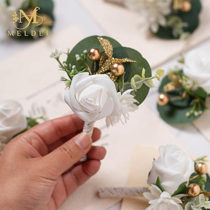 Meldel White Boutonniere for Men Wedding, Set of 6, Best Man Groom Groomsmen Boutonniere, Men Boutonnieres for Wedding Prom Party Homecoming