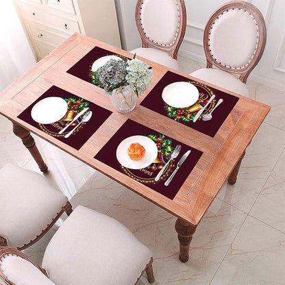 PVC Placemats Set of 1 Wipeable Table Mats Washable Heat Resistant Non Slip Vinyl Dining Table Mat for Kitchen Indoor Outdoor Patio Farmhouse Place Mats Christmas Bell Red Decorative