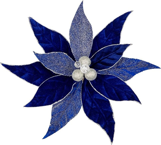 Hollyone 3PCS Poinsettia Christmas Flowers Artificial 11" Large Velvet Blue Glitter Poinsettia Flowers Christmas Tree Ornaments Floral Picks for Tree Wreath Garland Vase Table Centerpiece Home Decor