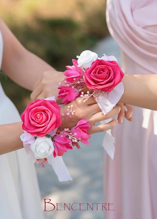 Hot Pink Wrist Corsage for Wedding(Set of 6), Wrist corsages for Prom,Party Prom Hand Flower Decor,Mother of The Bride Corsage,Bridesmaid Wrist Corsage