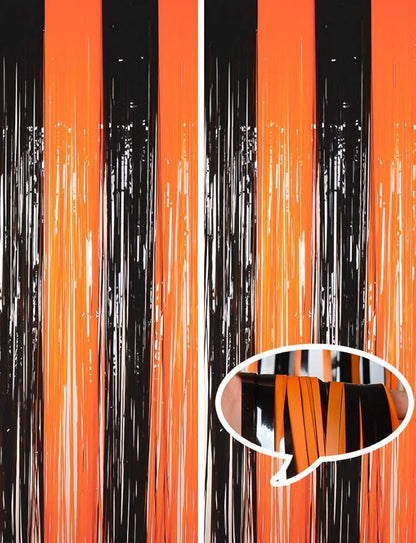Melsan Halloween Decorations Tinsel Backdrop Foil Fringe Curtains, 3.2 ft x 8.2 ft Black Orange Metallic Foil Curtains for Halloween Party Photo Booth Props Decorations, 2 Pack