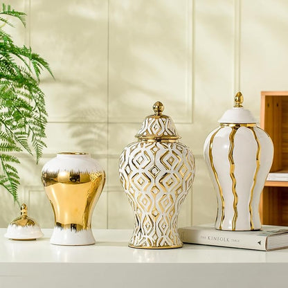 White and Gold Vase with Lid, Ginger Jars for Home Decor, Ceramic Flower Vase for Home, Kitchen, Bookshelf Decor, Storage jar, Table Center Vase, Centerpieces Jarrones(11in)