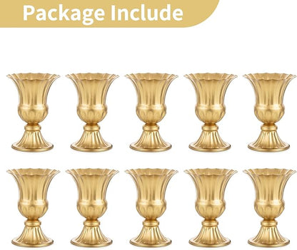 Nuptio Gold Vases for Centerpieces - 10 Pcs, 9in Height Metal Urn Planter Elegant Wedding Centerpieces for Tables - Trumpet Vase for Weddings and Party Decoration