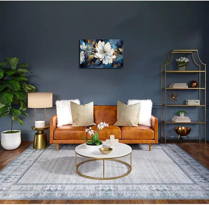 Asunygirl Flowers Wall Art Vintage Blue White Floral Canvas Pictures Abstract Botanical Modern Gold Blue Print Boho Wall Art Canvas Paintings Artwork for Bedroom Living Room Wall Decor 16x24 inch