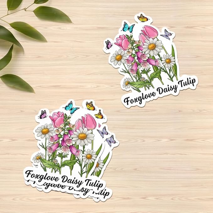 HANDICHI Design 5-Pack 2 Inch Foxglove Daisy Tulip Stickers – Floral Vinyl Decals, FDT Bumper Stickers, Waterproof Aesthetic Flower Sticker Pack for Laptops, Water Bottles, Journals