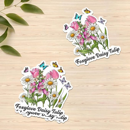HANDICHI Design 5-Pack 2 Inch Foxglove Daisy Tulip Stickers – Floral Vinyl Decals, FDT Bumper Stickers, Waterproof Aesthetic Flower Sticker Pack for Laptops, Water Bottles, Journals