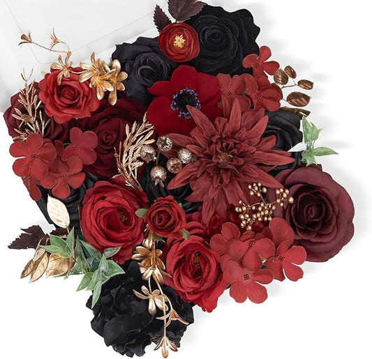 TINGE TIME Rose Artificial Flowers Combo, Fake Foam Roses with Stems for DIY Autumn Wedding Bridal Shower Decorations Party Table Centerpieces Fake Floral Arrangement Home Decor(Gothic Black and Red)