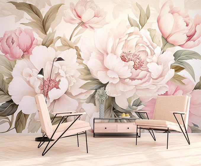 Pink Floral Wallpaper Peel and Stick Large Peony Flower Self Adhesive Wall Mural for Living Room Bedroom 137"x100"
