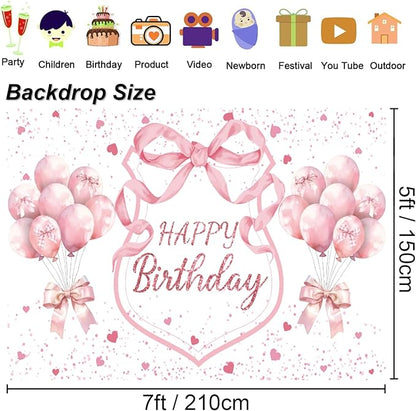Pink Coquette Birthday Backdrop Decorations Pink Bows and Glitter Balloons Theme Background for Girls Women, Romantic Party Photo Banner for Bachelorette Birthday Decor 7x5ft