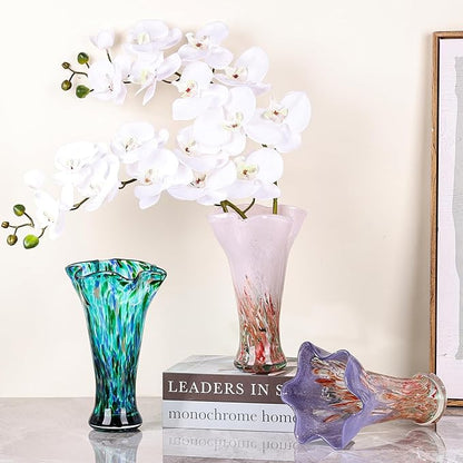 9.0" H Red Glass Vases for Flowers, Hand Blow Glass Vase Red Home Decor, Wide Mouth Blue Flower Vase Centerpieces, for Bookshelf,Dinner Table,Indoor Office Desktop,Meeting Room,Bathroom,Countertop