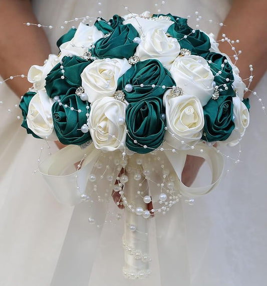 Bridal Wedding Bouquet Round Bling Brooch Bouquet Throw Toss Artificial Rose Flower Bunch for Bride Bridesmaid Wedding Quinceanera(Dark Green & Ivory, 7.5")