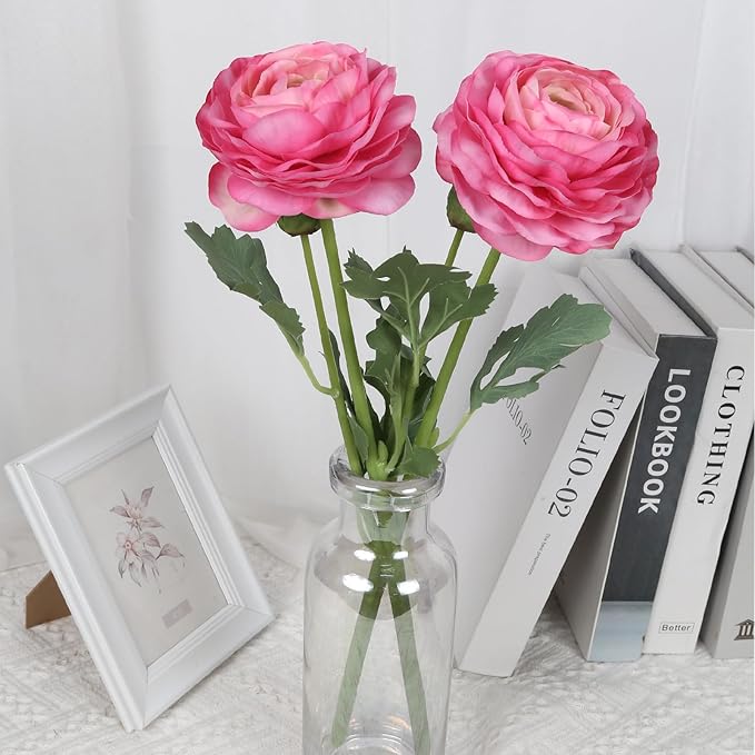 6PCS Pink Ranunculus Artificial Flowers Real Touch Peonies Fake Ranunculus Stems for DIY Wedding Bouquet Party Table Home Decor(Deep Pink)