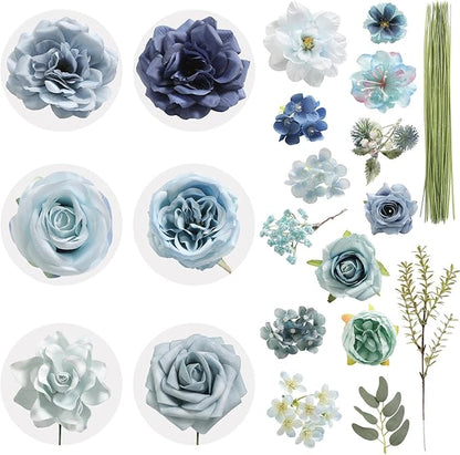 Artificial Flowers Combo Box Blue Flowers Silk Fake Roses with Stems for DIY Wedding Bridal Bouquets,Table Centerpieces,Cake Floral Arrangement,Baby Shower,Birthday Party Home Decorations
