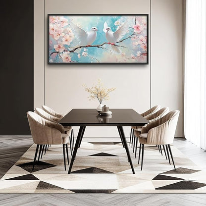 Large White Dove Flower Wall Art for Living Room, Framed Oversized Pigeon Cherry Blossom Wall Decor Nature Canvas Painting Modern Artwork for Living Room Bathroom Bedroom Office Dining Room 60"x30"