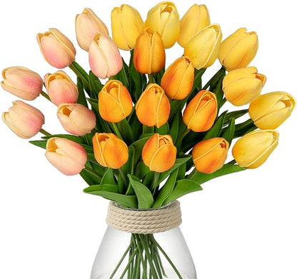 24 Pcs Artificial Tulips Flowers Mixcolor Real Touch Fake Tulips Fake Flowers for Mother's Day 13.5" Faux Tulips Faux Flowers Bulk Artificial Tulips Flowers for Vase Centerpieces Home Wedding Bouquet