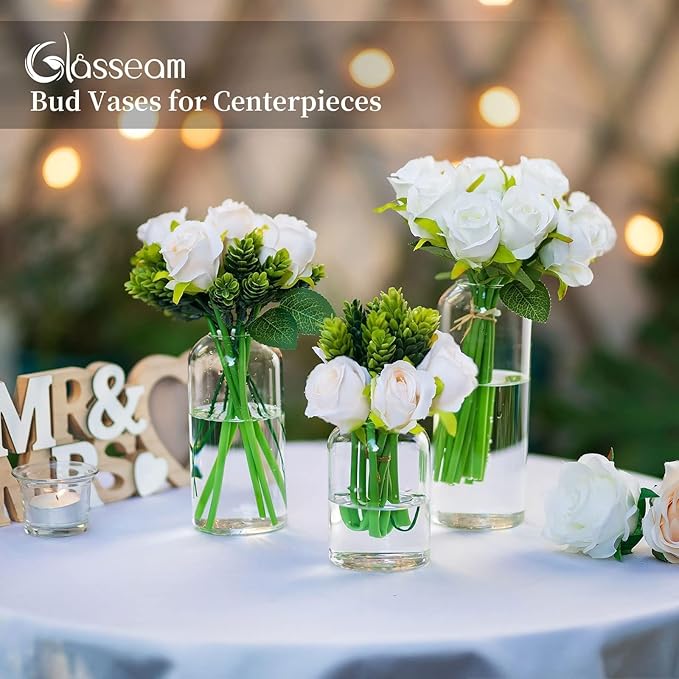 Glasseam Clear Small Flower Vases - Bulk Set of 12, Handmade Modern Decorative Bud Vases for Flowers, Wedding Centerpiece, Dining Table Decoration