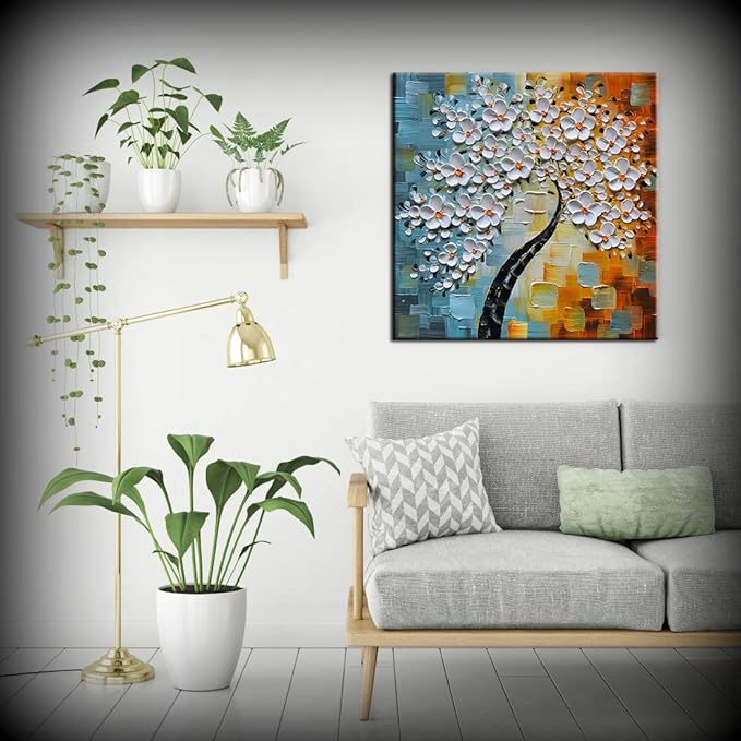 YaSheng Art - hand-painted Oil Painting On Canvas white Flowers Paintings Modern Home Interior Decor Abstract Art picture Ready to hang 24x24inch