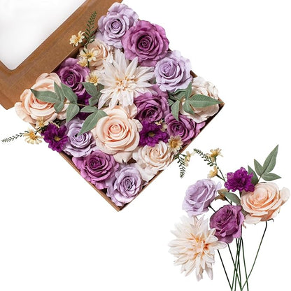 FANKO Rose Artificial Flowers Combo for DIY, Fake Purple Rose Silk Flowers Greenery, Faux Flowers for Wedding Bridal Bouquet, Baby Shower, Table Centerpieces, Floral Arrangement, Party Home Decoration