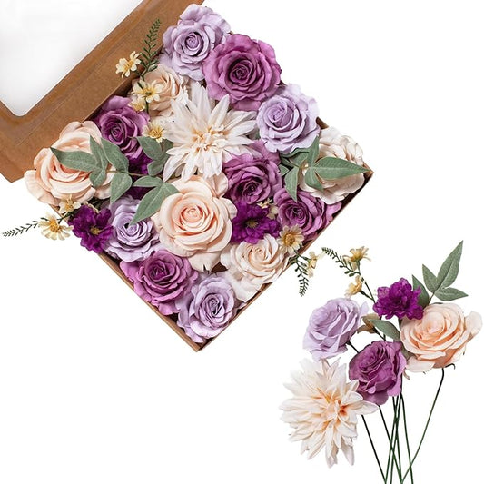 FANKO Rose Artificial Flowers Combo for DIY, Fake Purple Rose Silk Flowers Greenery, Faux Flowers for Wedding Bridal Bouquet, Baby Shower, Table Centerpieces, Floral Arrangement, Party Home Decoration