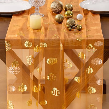 Socomi Gold Table Runner Fall Pumpkin Gauze Sheer Chiffon Cheesecloth Sequin 10FT Glitter Metallic Foil Dining Wedding Birthday Party Baby Shower Holiday Centerpiece Table Decor 3pcs Orange