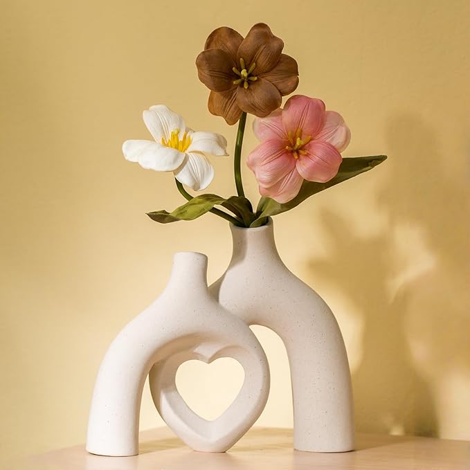 Snuggle Hollow Hug Donut Ceramic Vase, 8.3 Inch Modern Nordic Boho Style Aesthetic Decorative Flower Vases for Home Decor Pottery Barn Dining Living Room Table Shelf (Milky White)