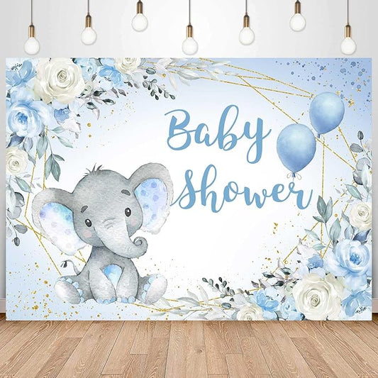 Elephant Baby Shower Backdrop Blue Flower It's A Boy Elephant Baby Shower Party Decoration Photography Background Little Peanut Cake Table Banner Photoshoot Supplies 5x3ft