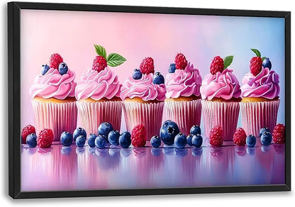 Pink Dessert Large Wall Art Framed Wall Decor for Living Room Cupcakes Pictures Oversized Canvas Print Painting Modern Extra Large Framed Artwork for Bedroom Office Home Decor 36"x24"